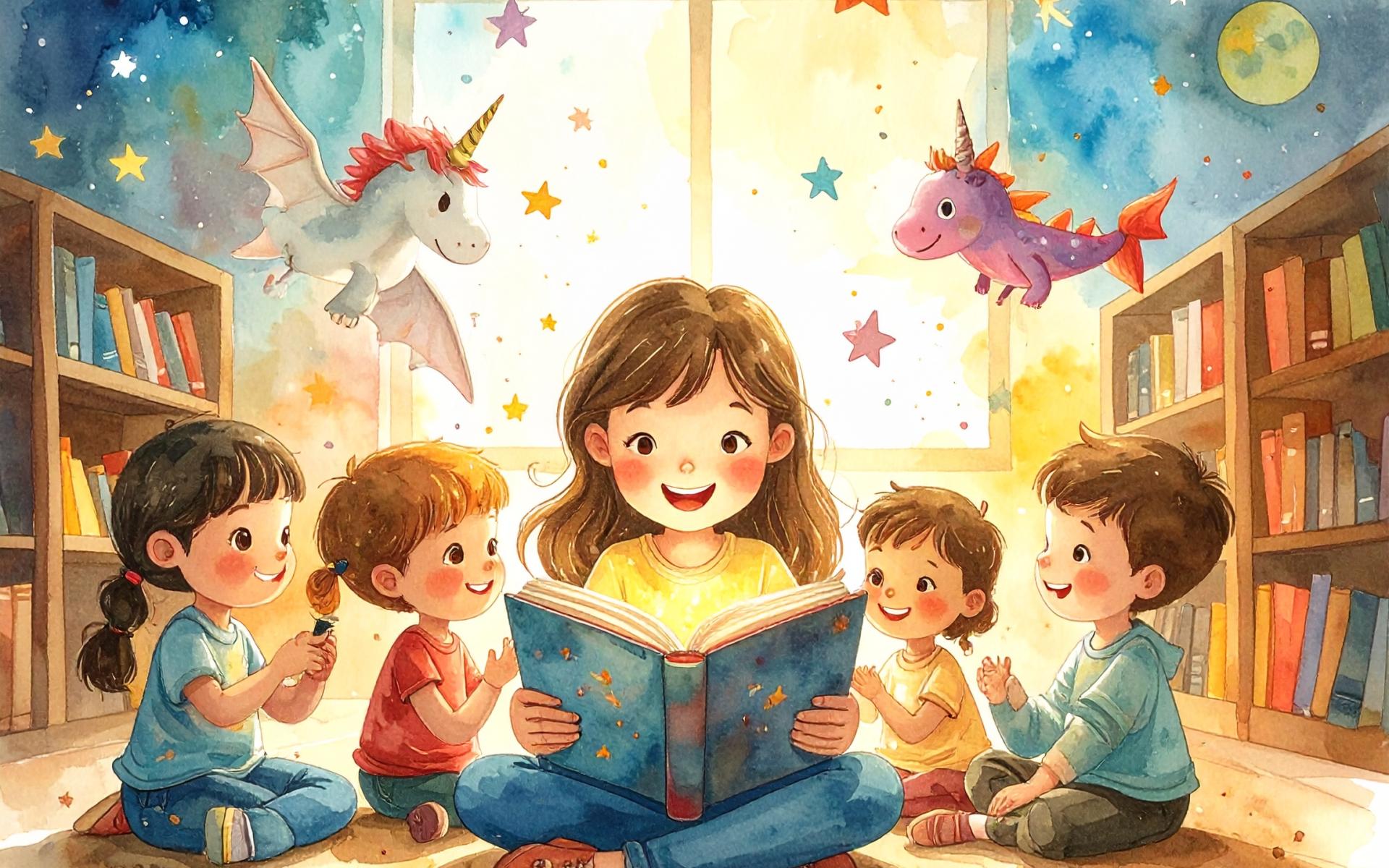 Comicbild einer Frau die mit Kindern auf dem Boden sitzt und ein Buch vorliest