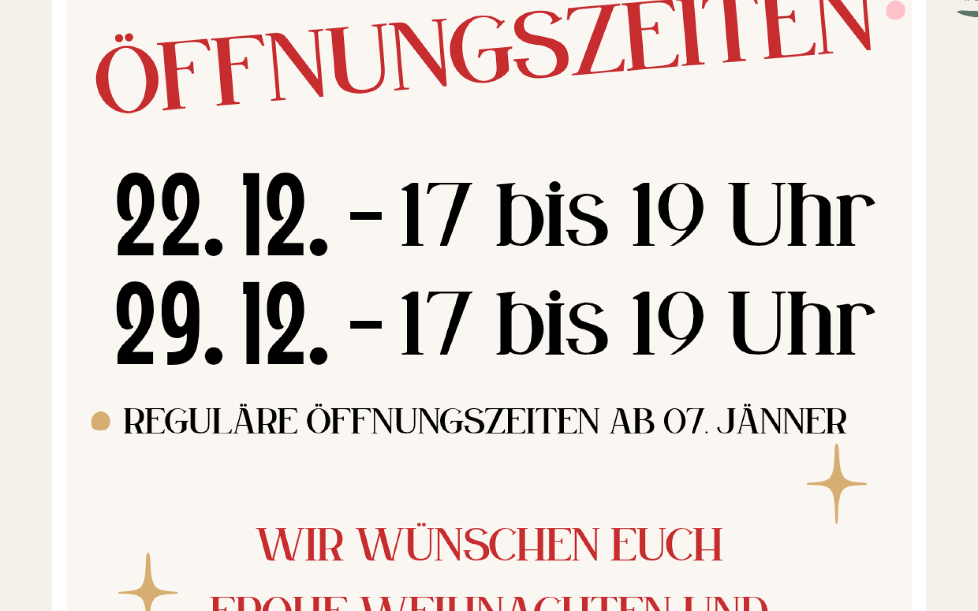 Öffnungszeiten der Bücherei über die Feiertage am 22.12.2025 und 29.12.2025. Wir wünschen schöne Weihnachten!