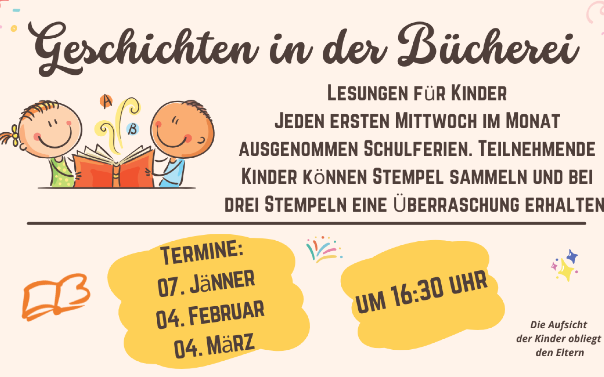 Geschichtenzeit mit Sonia am 7. Jänner 2026 um 16:30 Uhr in der Bücherei Bludesch