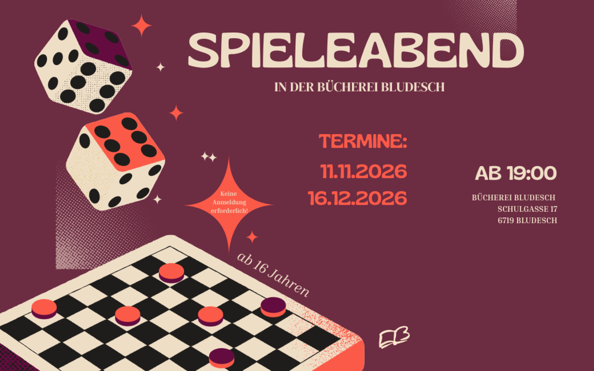 Spieleabend in der Bücherei Bludesch - Mittwoch 11.11.2026 ab 19:00 Uhr