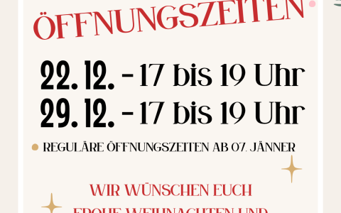 Öffnungszeiten der Bücherei über die Feiertage am 22.12.2025 und 29.12.2025. Wir wünschen schöne Weihnachten!